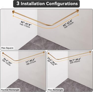 Штанга для душу L-подібної форми, регульована, з кріпленням для гардини та опорою для верхньої частини, для ванни/ванної кімнати, монтаж на свердління (Золото, 100-175см x 140-214см)