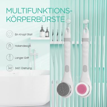 VOYOR Back Brush Shower Brush Body Brush Electric Back Brush Long Handle Waterproof Rechargeable with 4 Cleaning Heads for Spa Shower Exfoliating Massage Brush BC100 (Gray)