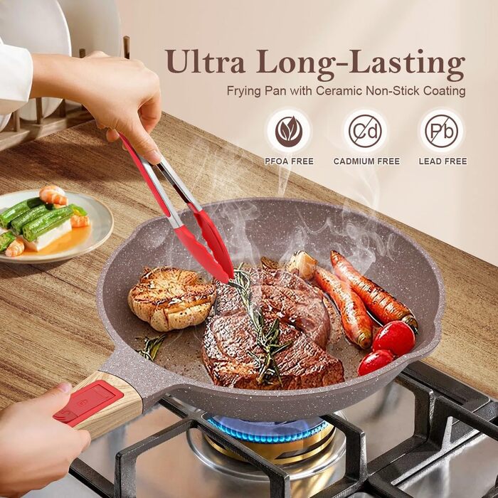 Сковорода з антипригарним покриттям з кераміки 28 см, здорова керамічна сковорода зі знімним ручками, придатна для духовки, без PFAS, PFOA та PTFE (колір: коричневий)