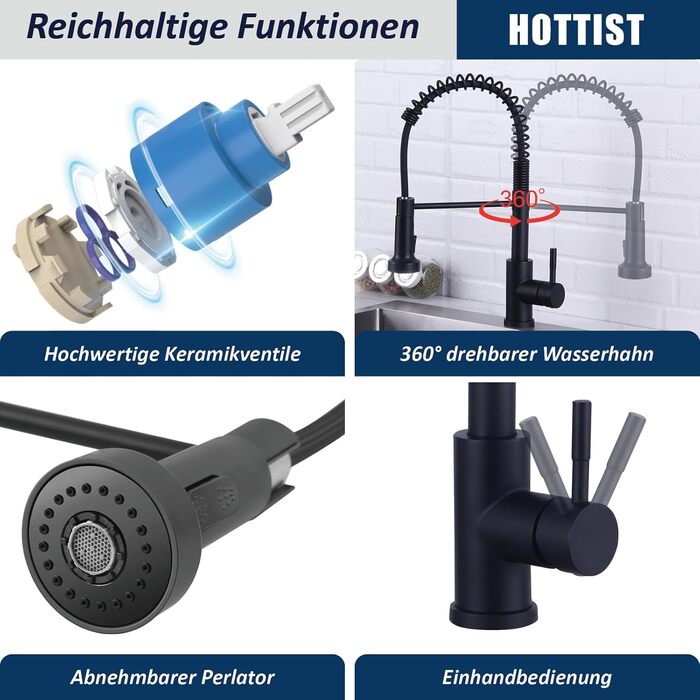 Чорний кухонний змішувач з висувною лійкою, високий поворотний вигин, 360° оберт, 2 режими розпилення, шланговий вилив, нержавіюча сталь, матовий чорний