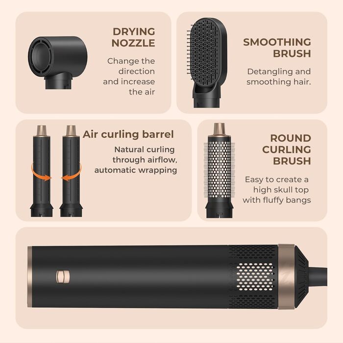 Airstyler 5 в 1: Фен-щітка, плойка, фен для волосся, чорний (1000W)
