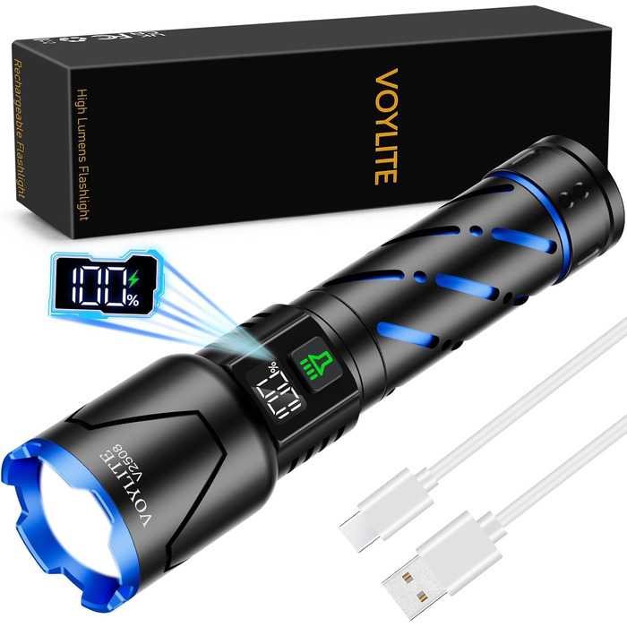 Ліхтар LED акумуляторний 500000 люмен, надпотужний ліхтар з акумулятором 5000 mAh та LCD-індикатором заряду, 3 режими освітлення, з функцією зуму, для кемпінгу та відпочинку на природі (чорний)