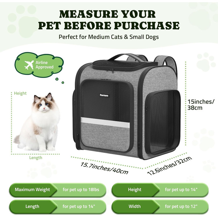 Рюкзак-переноска для котів Pawtners з розширеним тунелем для ігор, дозволений авіакомпаніями, для маленьких собак та великих котів до 11,3 кг, складаний, сірий (15.7'L x 12.6'W x 15.0'H)