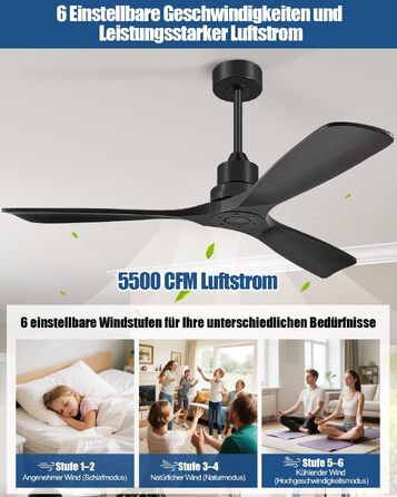 Стеляний вентилятор з LED-освітленням та пультом керування, 132 см, DC-мотор, 6 швидкостей, таймер, чорний, для приміщень та вулиці