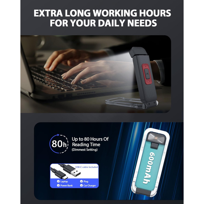 Ліхтарик для читання SFV з кліпсою, USB акумуляторний, 3 кольори світла (білий/бурштиновий/змішаний), 5 рівнів яскравості, для книг та дітей, чорний