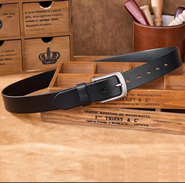 Чоловічий шкіряний ремінь: класичний джинсовий ремінь для чоловіків | З подарунковою коробкою, чорний колір, розмір L (105 см)