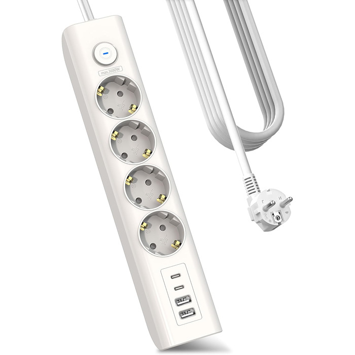 Мережевий фільтр Steckdose 8 в 1 з USB, 3680W з вимикачем, 16A з 2 USB-C, для смартфонів, ноутбуків, iPad, білий кабель 1.8м
