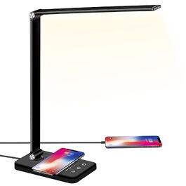 Настільна LED лампа BIENSER 20W з бездротовою зарядкою та USB-портом, 10 рівнів яскравості, 5 режимів світла, таймером та функцією пам'яті, чорна