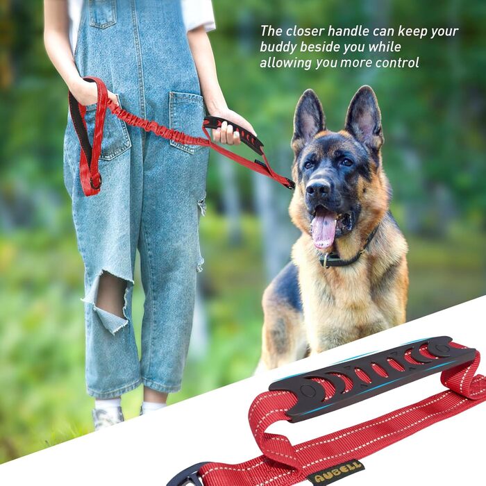 Тактична повідок для собак AUBELL, міцна, світловідбиваюча, без натягу, банджі-повідок для середніх та великих собак, з м'якою ручкою, авто-ремнем безпеки, обертання на 360°, зелена (M-L, червона)