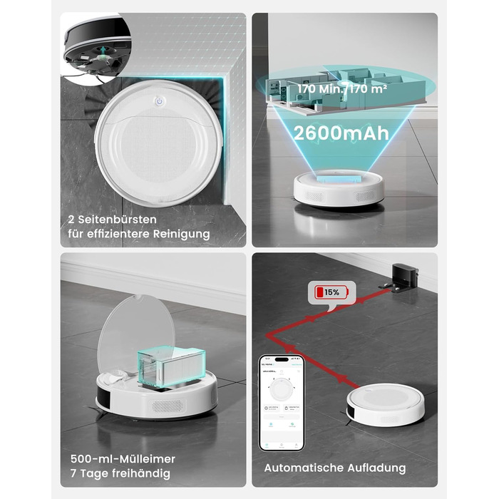 Робот-пилосос LEFANT M2 з функцією миття, 6000Pa, LiDAR-навігація, зони заборони, керування через APP/Alexa, для шерсті тварин, килимів та твердих підлог (M310 Ultra-W)