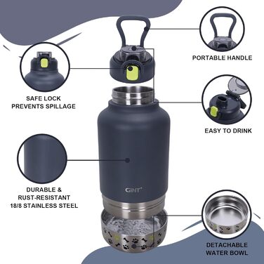 GiNT Ізольована пляшка для води з нержавіючої сталі для собак та людей, багаторазова поїлка-дозатор знімними мисками та сумкою, не протікає, для прогулянок, походів, кемпінгу, авто (темно-сірий)
