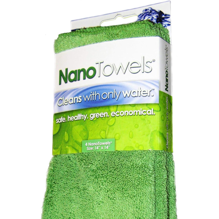 Nano Towels Cleaning Cloths, eco-friendly, chemical-free, as seen on TV. The breakthrough in cleaning fiber technology, these cloths clean with just water and replace expensive paper towels, sponges, cleaning cloths, wet wipes, microfiber cloths, and toxic chemical cleaners, saving money, eco-friendly, and safe for toddlers and babies. Can be used as bath towels, kitchen towels, and dish towels. 35.6 x 35.6 cm, 4 pieces