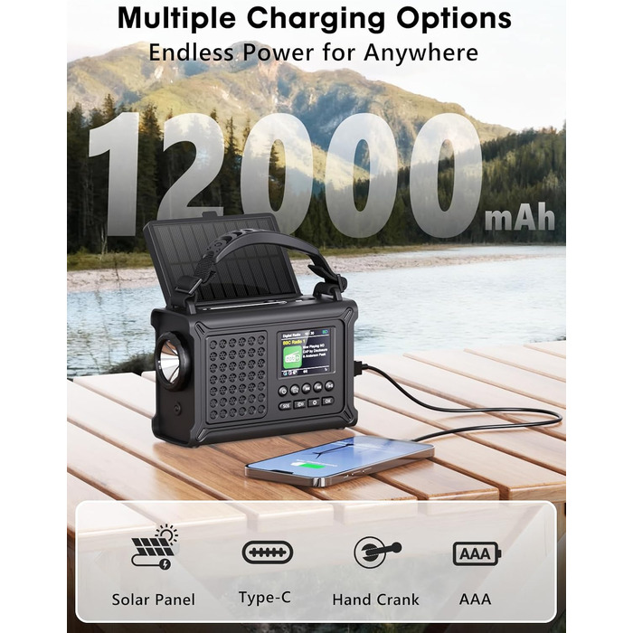 ROCAM Радіоприймач на ручку DAB+/UKW, портативне аварійне радіо з сонячною панеллю 8500 мм² та ручкою 650 мА, цифрове радіо з Bluetooth, 2.4' кольоровий дисплей, 80 станцій, SOS, LED ліхтарик, USB, IPX6 для кемпінгу, чорний