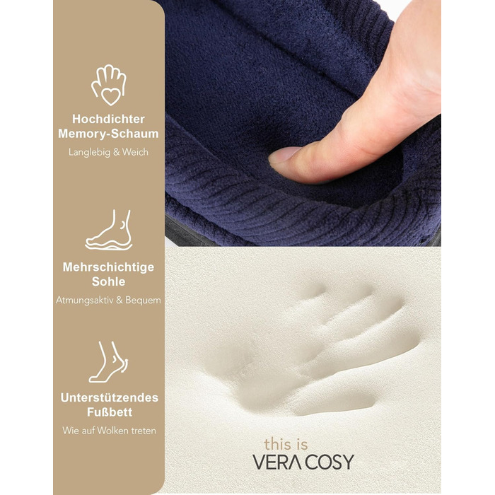 Чоловічі мокасини VeraCosy для дому з піною Memory Foam, зимові тапочки (40/41 EU, темно-морська блакить)