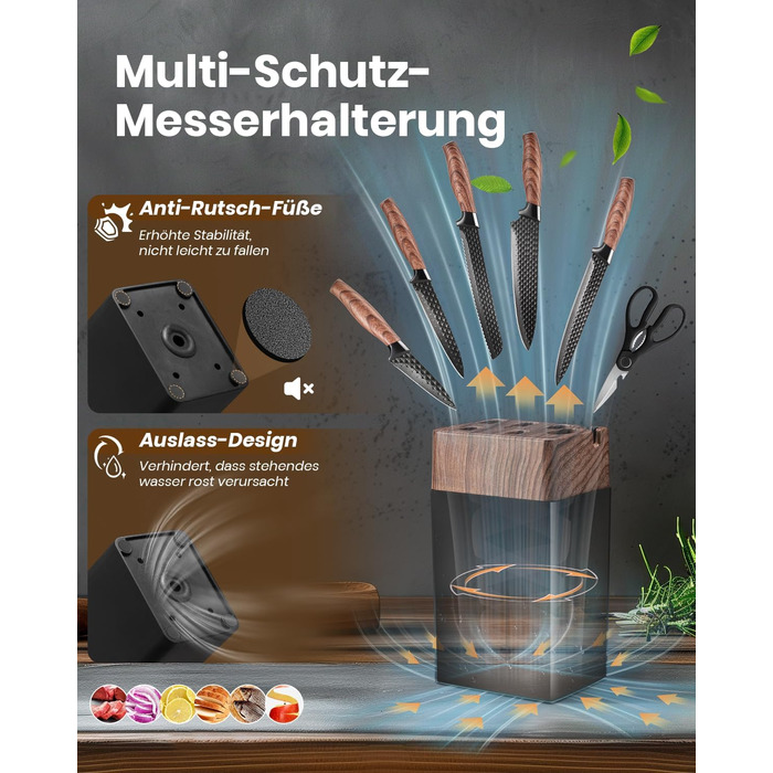 Набір ножів Messerblock Set, 7 предметів: професійний кухонний набір з блоком, з високоякісної нержавіючої сталі та ергономічними ручками, для дому. Чорний колір.