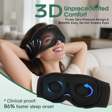 Маска для сну Dolida з Bluetooth навушниками, 3D бамбукова маска для очей, чорна. Комфортний сон для жінок та чоловіків.