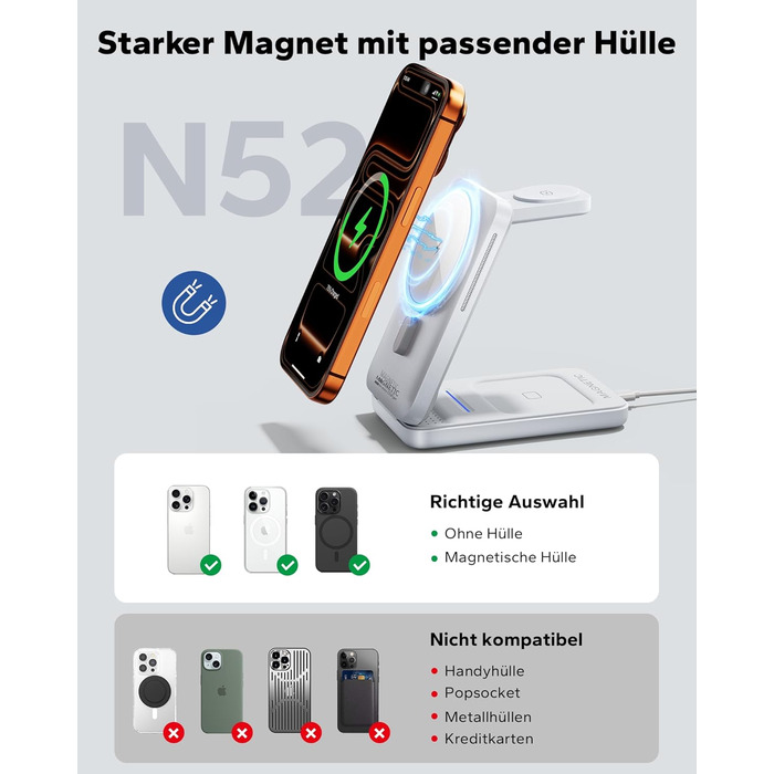 Зарядна станція 3-в-1 KPON для Apple Watch та iPhone з MagSafe, 20W, біла - Швидка зарядка для iPhone 17-12, Apple Watch 11-2, AirPods, портативна для подорожей та офісу