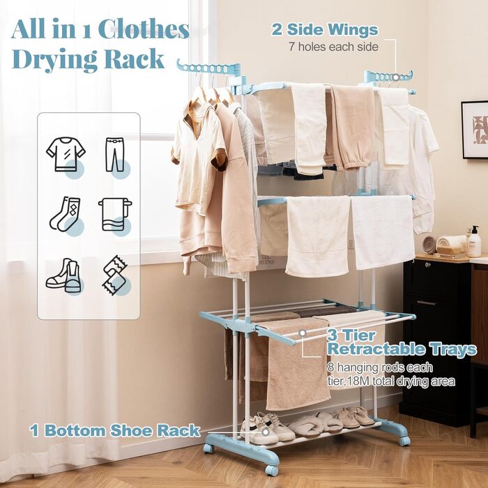 Сушарка для білизни HOMASIS з 4 рівнями, розкладна, на коліщатках, з бічними крилами, 127x63x171cm, 30 кг, світло-блакитна
