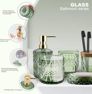 Bathroom Set, 5-Piece Glass Bathroom Accessory Sets including Lotion Dispenser, Soap Dish, Toothbrush Holder, Cup, Cotton Swabs, Modern Bathroom Decoration, Vintage Gift, Bathroom Decor Set (Green)