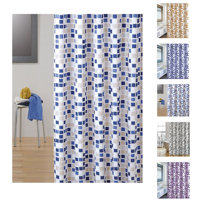 Штора для душу MSV Cotexsa 142102 Premium 'Mosaik' 180x200 см, антибактеріальна, антигрибкова, поліестер, з кільцями, Іспанія (Синій/Білий)
