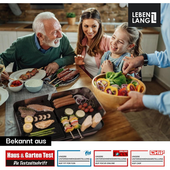 LEBENLANG Електричний гриль для столу - з щипцями та захистом від бризок | 2400W | Для дому та вулиці | Гриль для балкону, столу | Електричний гриль з площею | Гриль для дому