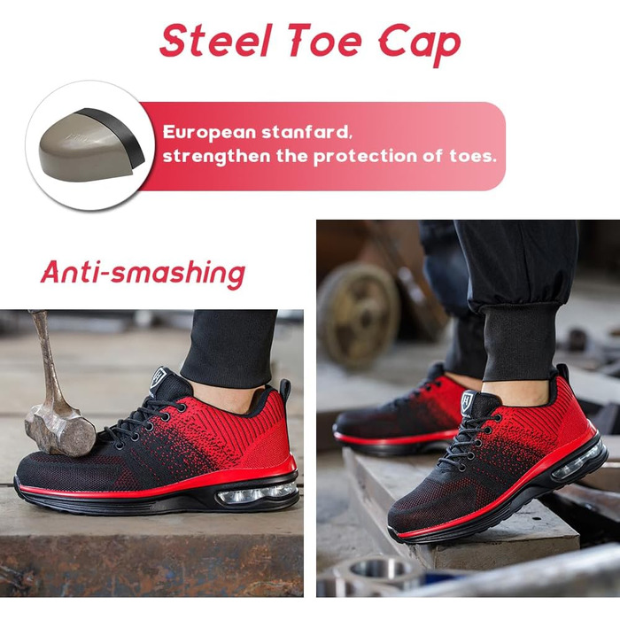 Легкі робочі черевики для чоловіків та жінок. Безпечні, антиковзкі, спортивного стилю, зі сталевим підноском. Дихаючі робочі черевики (40 EU, Червоний)