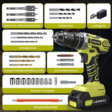 Акумуляторний дриль-шуруповерт 21V з 2 акумуляторами 2000mAh, 45Nm, 2 швидкості, 25+3 ступені крутного моменту, патрон 10мм, 27 предметний набір та кейс для дому та DIY