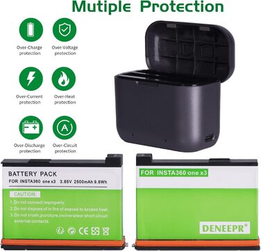 2 x Акумулятори Insta360 2800mAh з зарядним пристроєм USB-C, сумісні з Insta360 Action Camera (X3), з Micro SD слотами