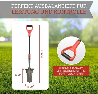 Садова лопата Red Tools Power Head з кореневою пилкою, 115 см, міцне лезо для кам'янистих і твердих ґрунтів, із підпорою для ноги та м'якою ручкою (сіра)