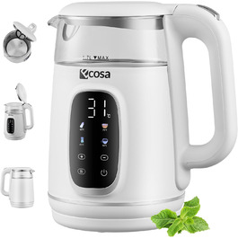 Електричний чайник Ecosa® зі скляною колбою та нержавіючою сталлю, 1.7 л, 2200 Вт, регулювання температури 40-100°C, функція підігріву, LED-підсвічування, без BPA (Woldo White)