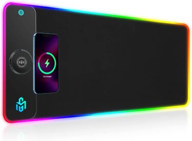 Ігровий килимок для миші RGB з бездротовою зарядкою Qi 15W, 800x350x4мм, 10 режимів підсвічування, швидка зарядка 10W для iPhone 13/13 Pro, водонепроникний та протиковзкий (Dark)