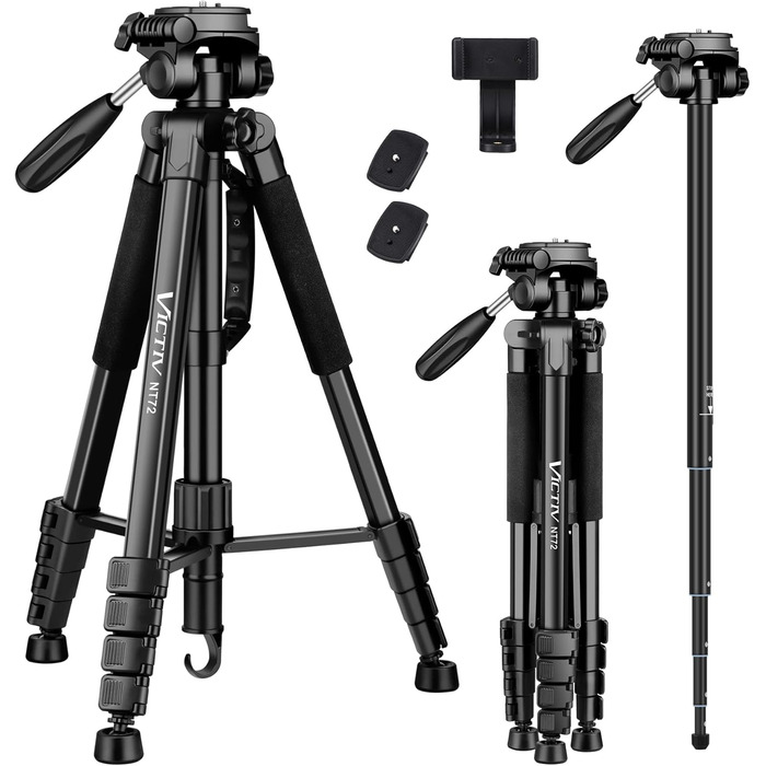 Штатив для камери Victiv 182см з алюмінію: трипод, монопод, 360° кулькова головка, 2 швидкісні пластини для DSLR - чорний
