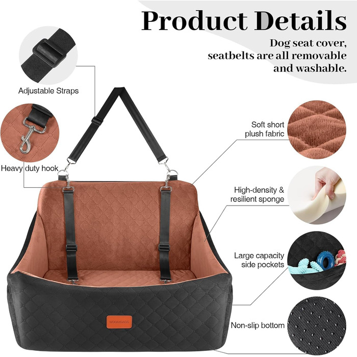 Wooaidagg Dog Car Seat for Medium & Large Dogs - Washable Memory Foam Pet Bed with 2 Leashes (Black/Brown)