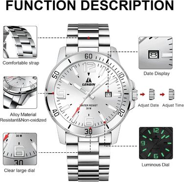 Годинник чоловічий LN LENQIN з нержавіючої сталі, водонепроникний, з датою, кварцовий, аналоговий, білий (сріблястий)
