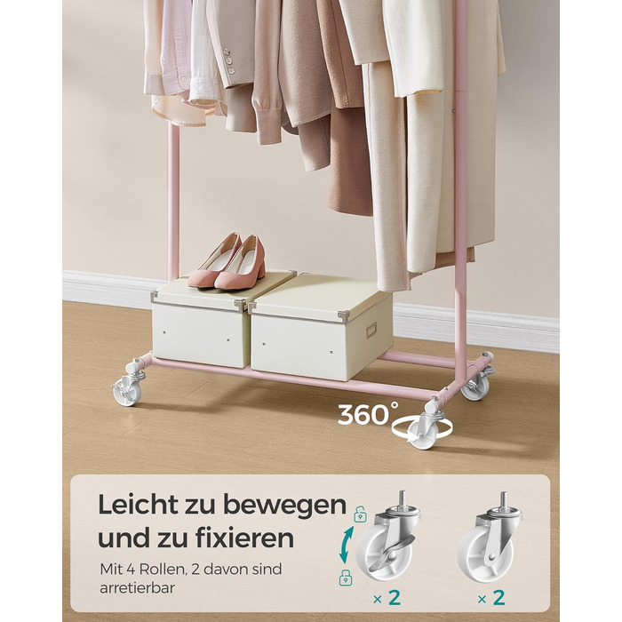 SONGMICS Стійка для одягу на коліщатках, важка, висувна штанга, до 100 кг, рожева HSR013R01, 92-132 см