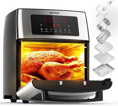 XXL Hot Air Fryer - ZACHVO Airfryer 15L - 10 Programs 1700W Hot Air Fryer with LCD Touchscreen - Air Fryer Frying Without Oil, 7 Accessories, 90% Less Fat - Oven, Grill, Dehydrator All in One Silver Hot Air Fryer