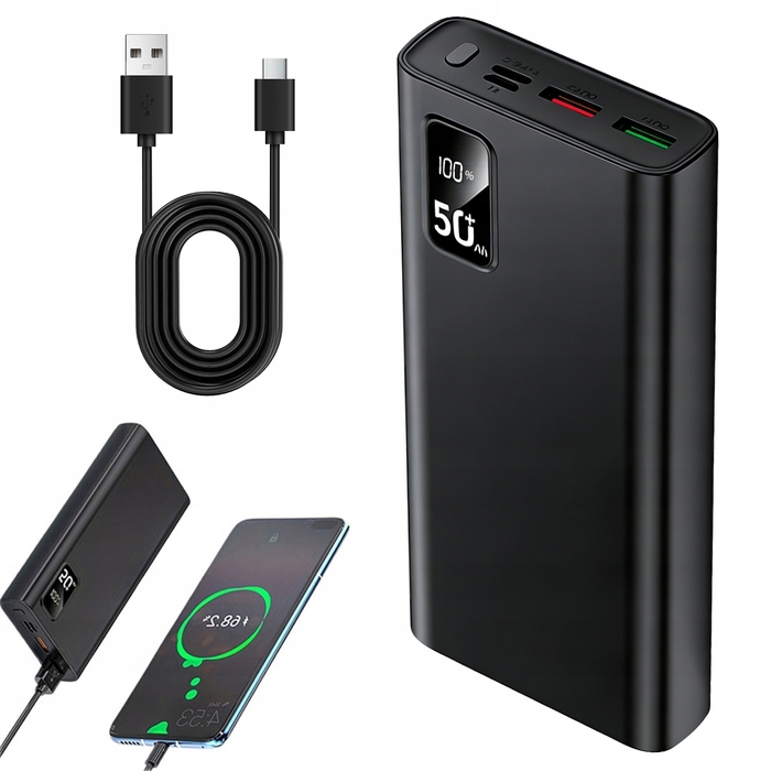 Потужний зовнішній акумулятор (Power Bank) 50000mAh 22.5W, швидка зарядка USB-C, тонкий корпус