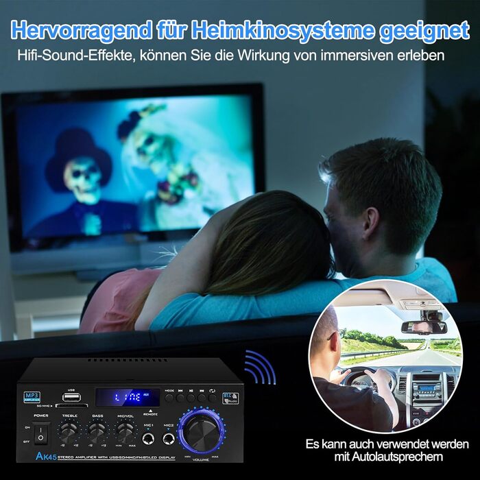 HiFi підсилювач AK45 Mini Bluetooth стерео, 2-канальний, 400 Вт, цифровий аудіо підсилювач з FM-радіо, SD/USB, для дому та авто