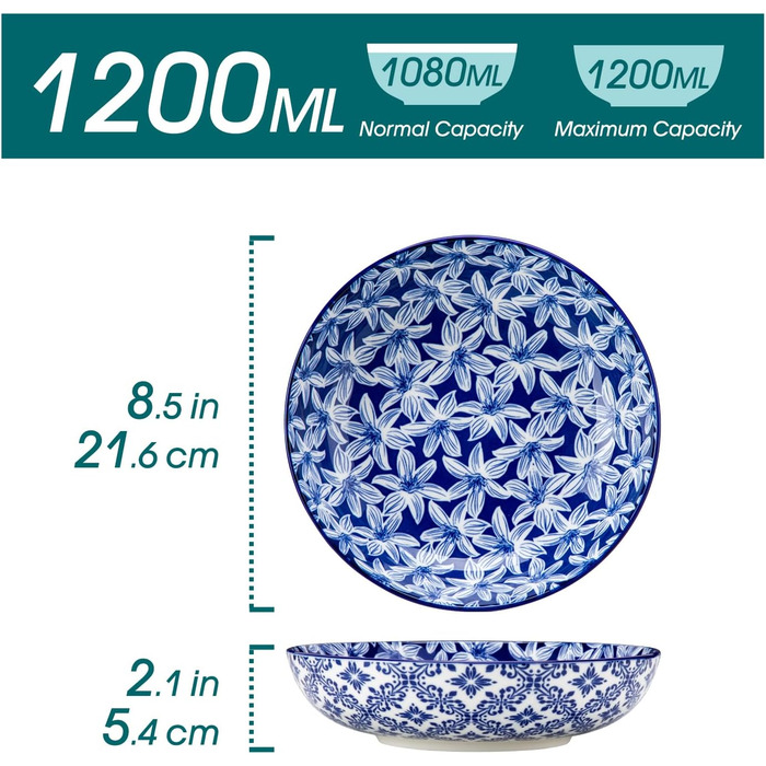 Набір кавових чашок з блюдцями Vancasso Cappuccino SELENE 6шт, 240мл, блакитно-білий вінтаж, високоякісний фарфор, для миття в посудомийній машині та використання в мікрохвильовці