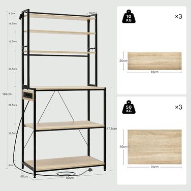 Кухонна полиця WOLTU з 6 ярусами, з розетками, мікрохвильова полиця з 6 гачками, полиця для пекаря з металевим каркасом, регульовані полиці, Чорний+Рустикальне коричневе, 60 x 167 x 40 см (Чорний+світлий дуб, 80 x 39,5 x 167 см)