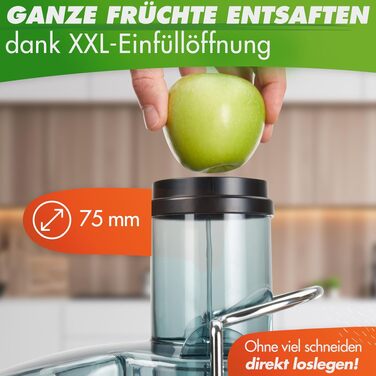 Центрифужна соковижималка Nutrilovers QUICK-JUICER MAX для овочів та фруктів, 800 Вт, XXL завантажувач, сталевий фільтр, зовнішній контейнер для м'якоті, BPA-free, з пляшкою та книгою рецептів