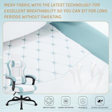 WOLTU Gaming Chair with Massage Function, Computer Chair with Pocket Spring Cushion, Ergonomic Gamer Recliner, Swivel Chair with Headrest, Lumbar Pillow, Footrest, Mesh Fabric, White+Blue, GS15bws White+blue Mesh Fabric