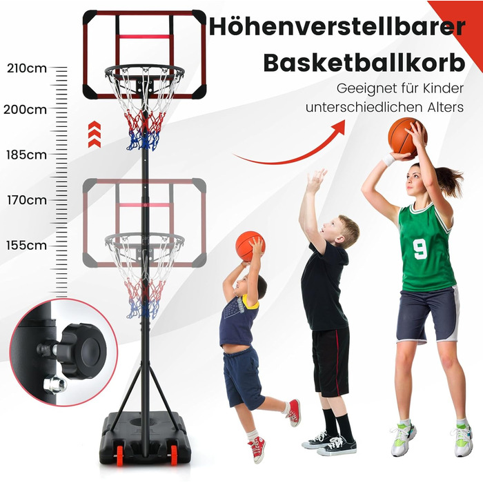 COSTWAY Adjustable Height Basketball Hoop System - Mobile Outdoor Basketball Stand with PC Backboard and Wheels (155-210cm)