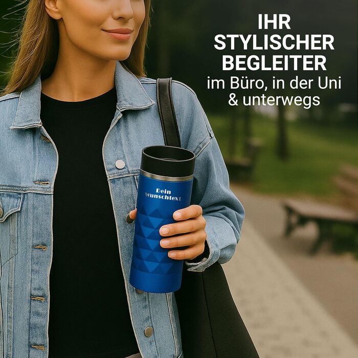 Термокружка Elasto з нержавіючої сталі, 450 мл, з індивідуальною гравіюванням, блакитна. Зручна для кави 'to go', 100% захист від протікання та термоізоляція.
