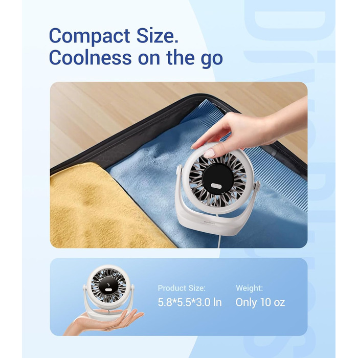 USB Turbo вентилятор для столу: тихий, потужний, з LED-дисплеєм, 5 швидкостей, 360° обертів, портативний для дому, офісу та відпочинку – TurboBreeze (сніжно-білий)