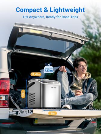 Машина для приготування льоду VINATO, компактна, 9 кубиків за 6-8 хвилин, портативна, продуктивність 12 кг/24 год, тиха робота, з лопаткою та кошиком для кухні, офісу, бару та вечірки, срібна