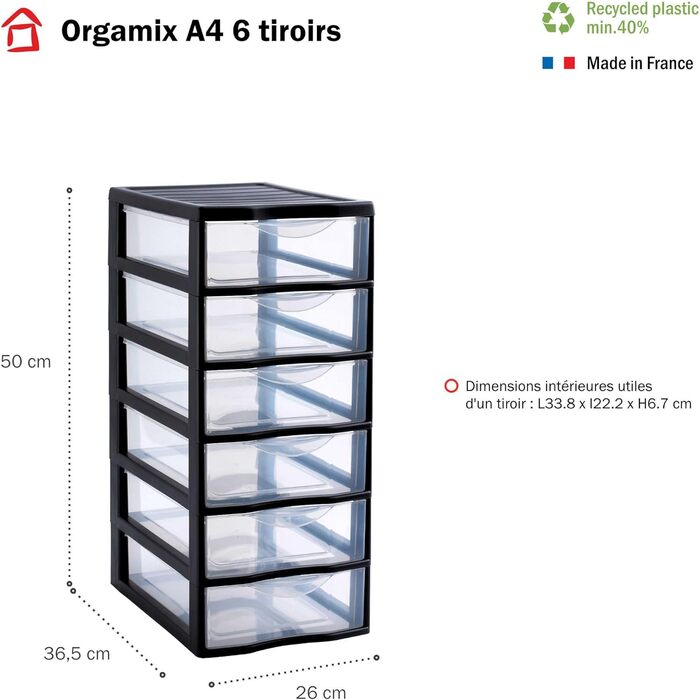 SUNDIS Orgamix, plastic drawer box, 6 transparent A4-size drawers, height 50 cm, stackable, ideal for storing office supplies, course materials, documents, accessories.
