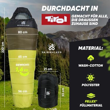 Спальний мішок SKINWALKER 3-4 сезони з знімним флісовим вкладишем, ультралегкий (-1600г), для кемпінгу та походів, м'який, зелений