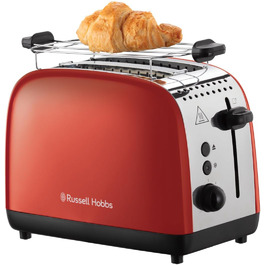 Тостер Russell Hobbs Colours Plus на 2 скибки, червоний, нержавіюча сталь, 1600 Вт, широкі відсіки, підставка для булочок, 6 режимів підсмажування, функція розморожування, Lift & Look, компактний