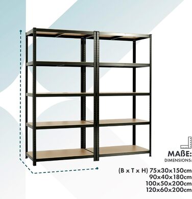 OfficeMarshal Heavy-Duty Shelving Unit - Black (150 x 75 x 30 cm)
